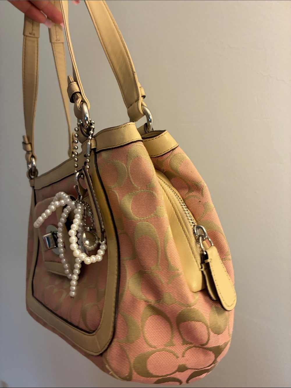 Coach Pink Signature Canvas Shoulder Bag with Beige Trim and Charm - Picture 8 of 12
